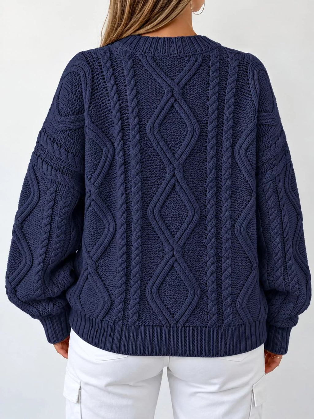 Full Size Cable-Knit Round Neck Sweater Plus Size - Dressed.
