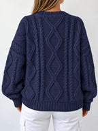 Full Size Cable-Knit Round Neck Sweater Plus Size - Dressed.