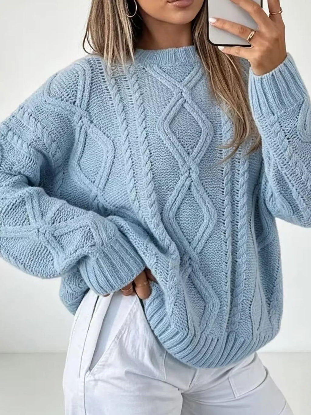 Full Size Cable-Knit Round Neck Sweater Plus Size - Dressed.