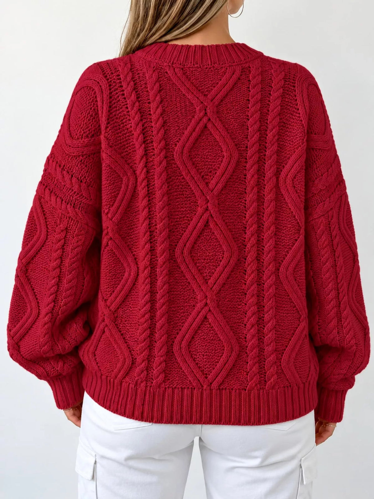Full Size Cable-Knit Round Neck Sweater Plus Size - Dressed.