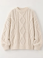 Full Size Cable-Knit Round Neck Sweater Plus Size - Dressed.