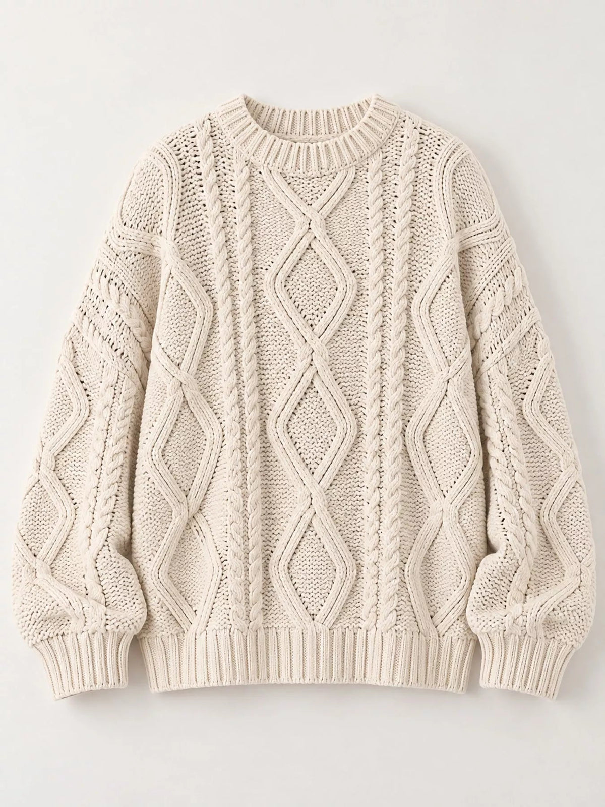 Full Size Cable-Knit Round Neck Sweater Plus Size - Dressed.