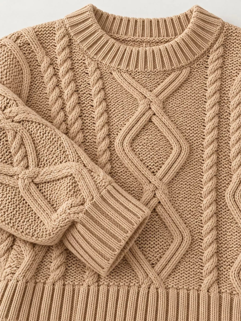Full Size Cable-Knit Round Neck Sweater Plus Size - Dressed.