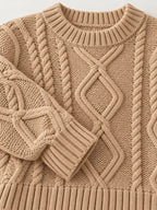 Full Size Cable-Knit Round Neck Sweater Plus Size - Dressed.