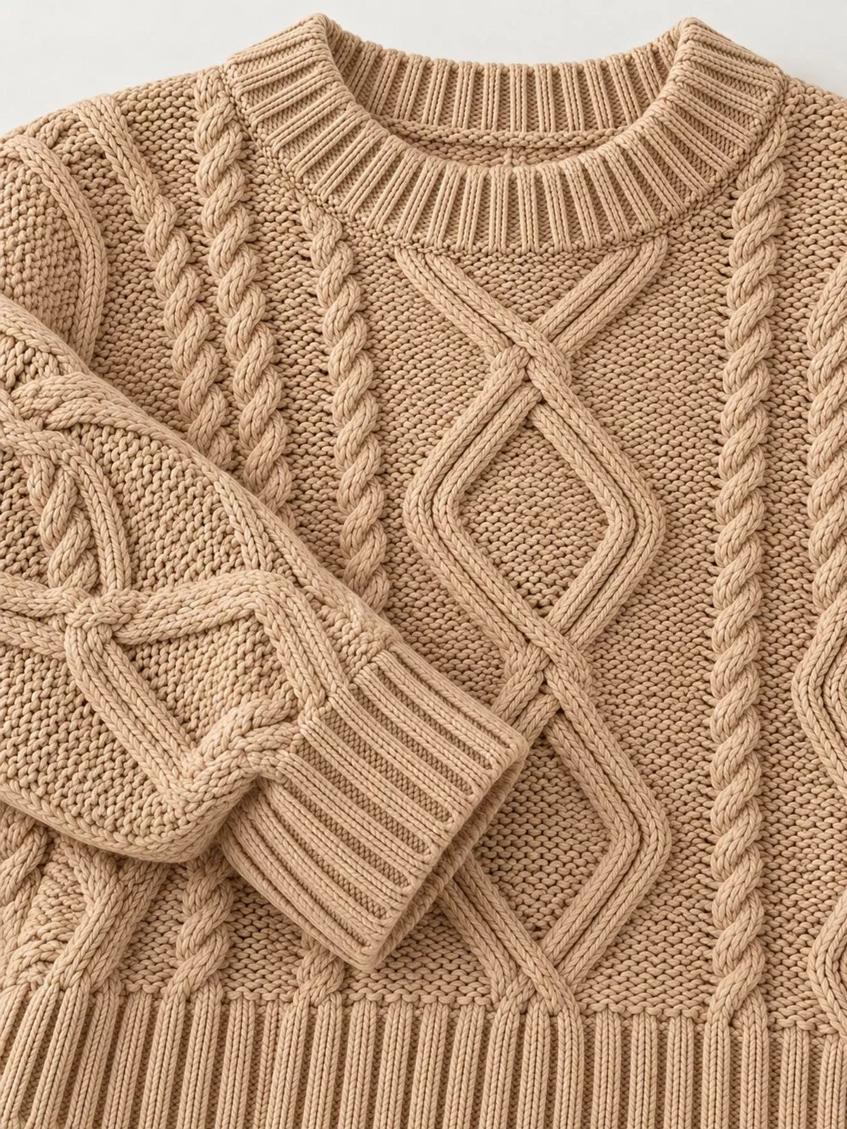 Full Size Cable-Knit Round Neck Sweater Plus Size - Dressed.