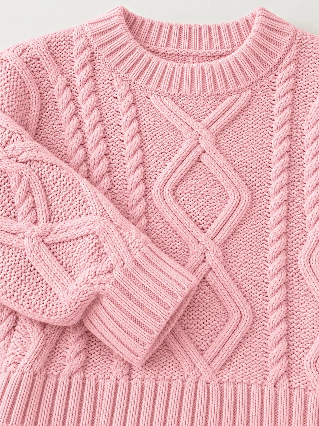 Full Size Cable-Knit Round Neck Sweater Plus Size - Dressed.