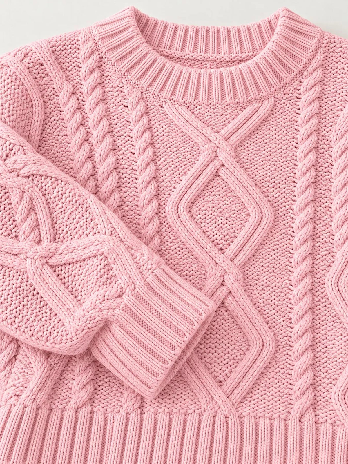 Full Size Cable-Knit Round Neck Sweater Plus Size - Dressed.