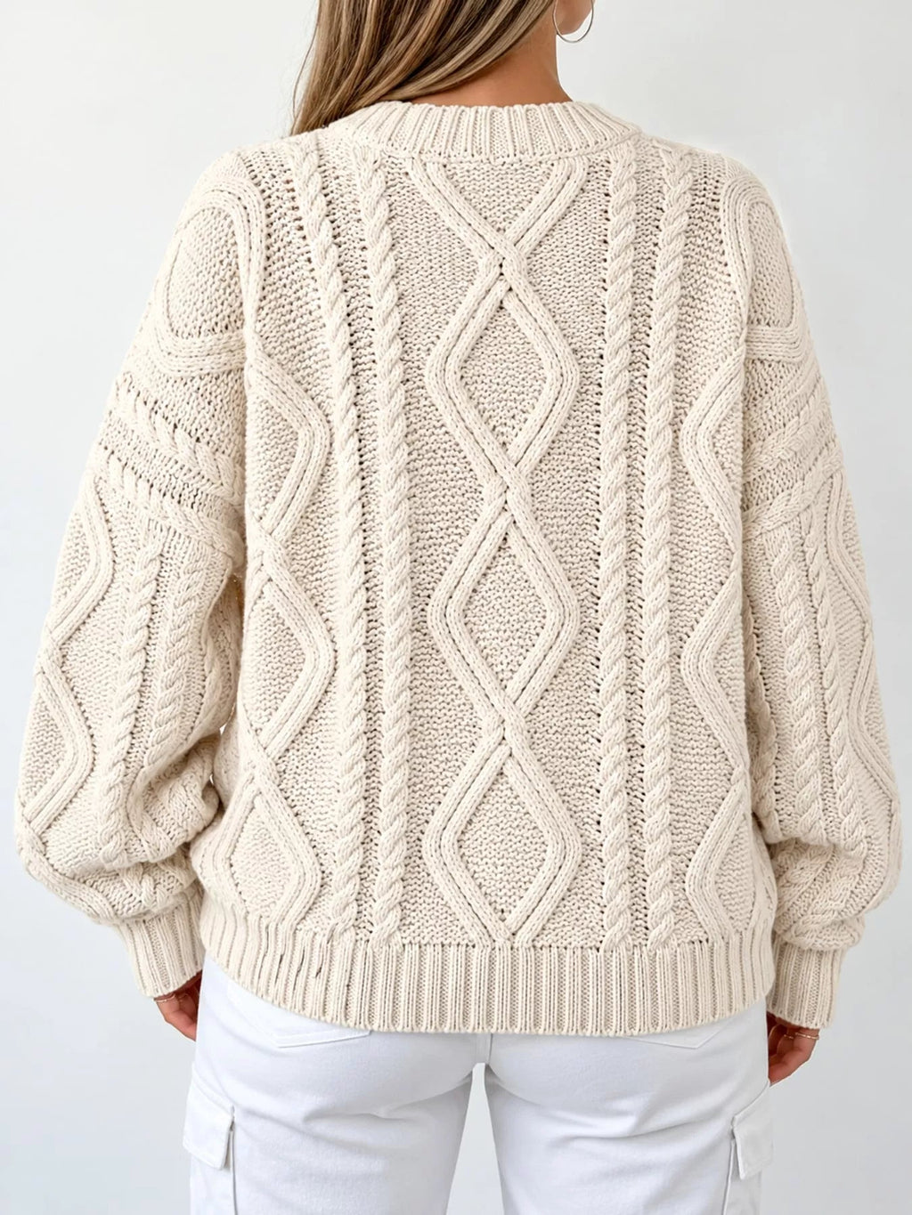 Full Size Cable-Knit Round Neck Sweater Plus Size - Dressed.