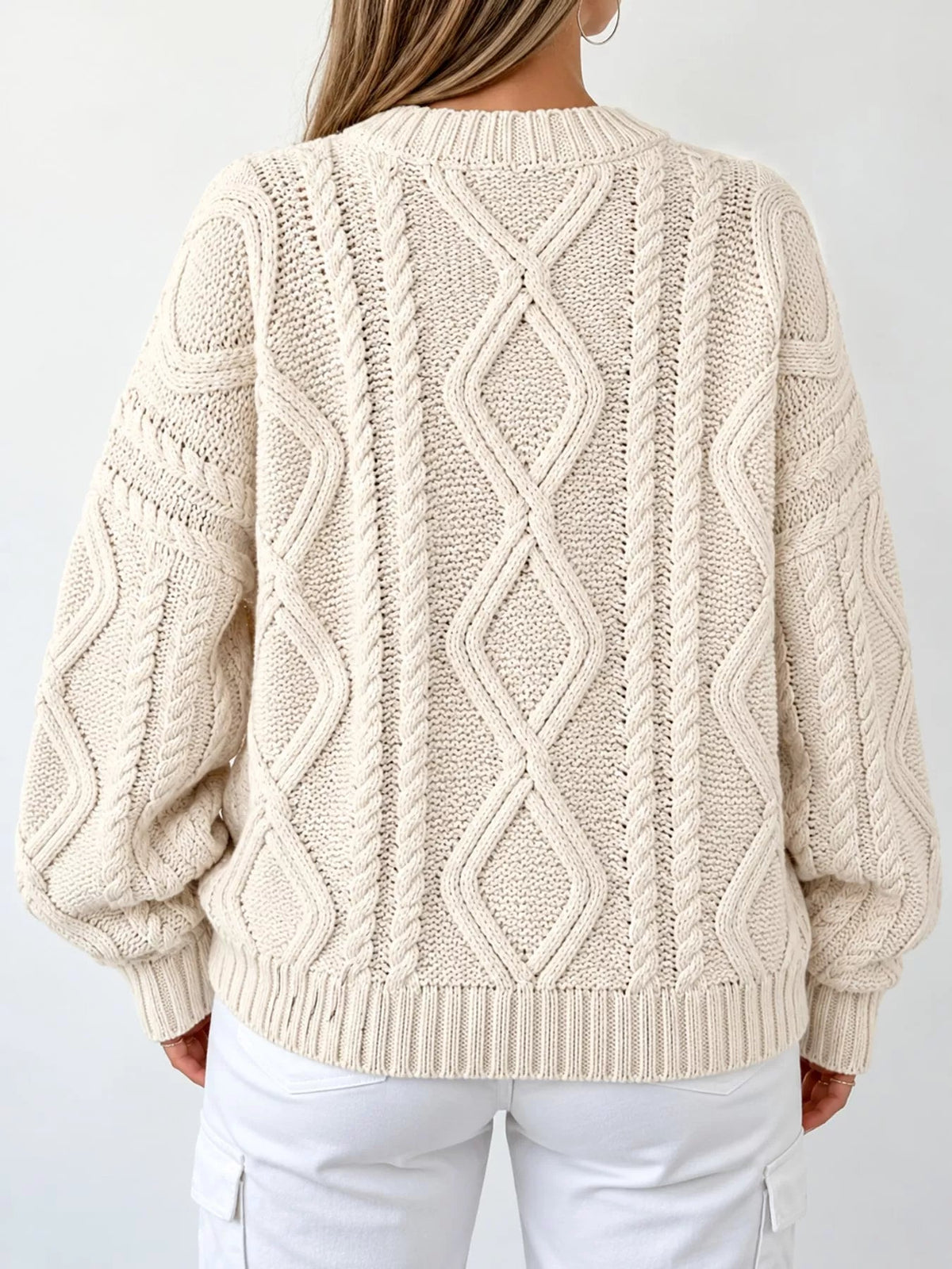 Full Size Cable-Knit Round Neck Sweater Plus Size - Dressed.