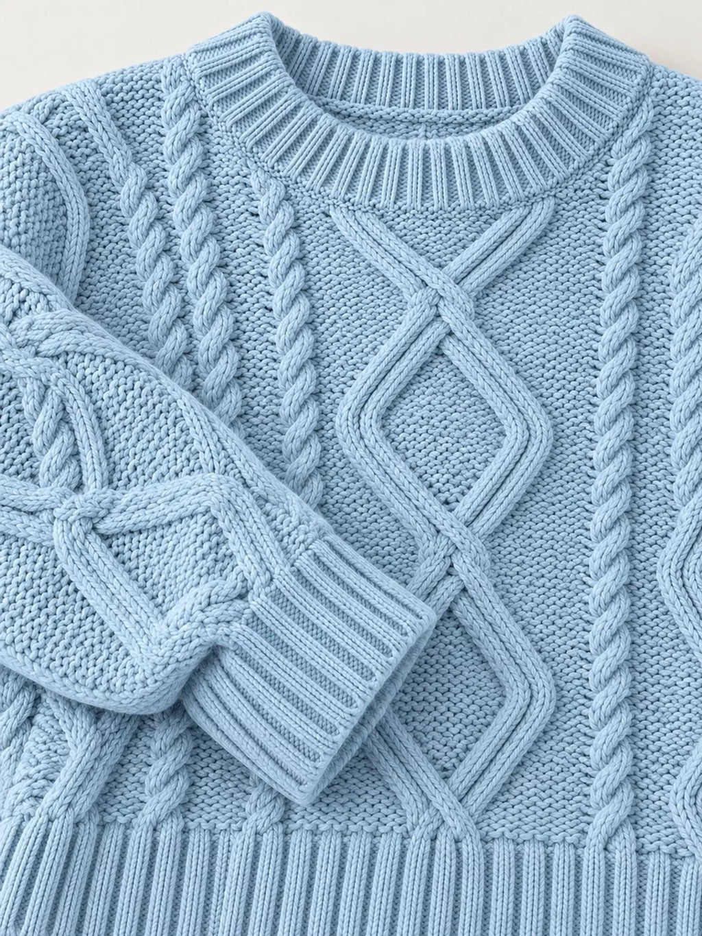 Full Size Cable-Knit Round Neck Sweater Plus Size - Dressed.