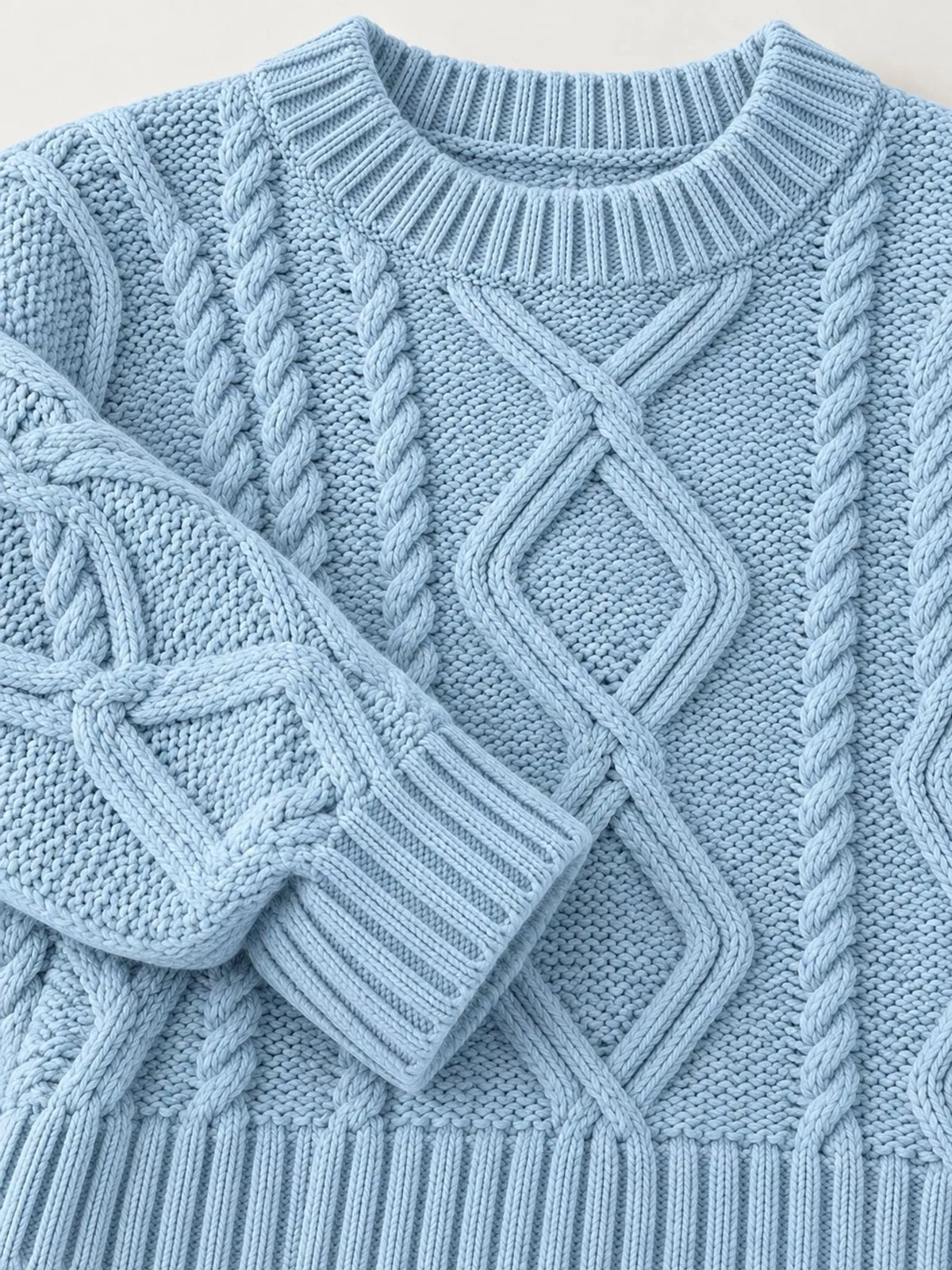 Full Size Cable-Knit Round Neck Sweater Plus Size - Dressed.