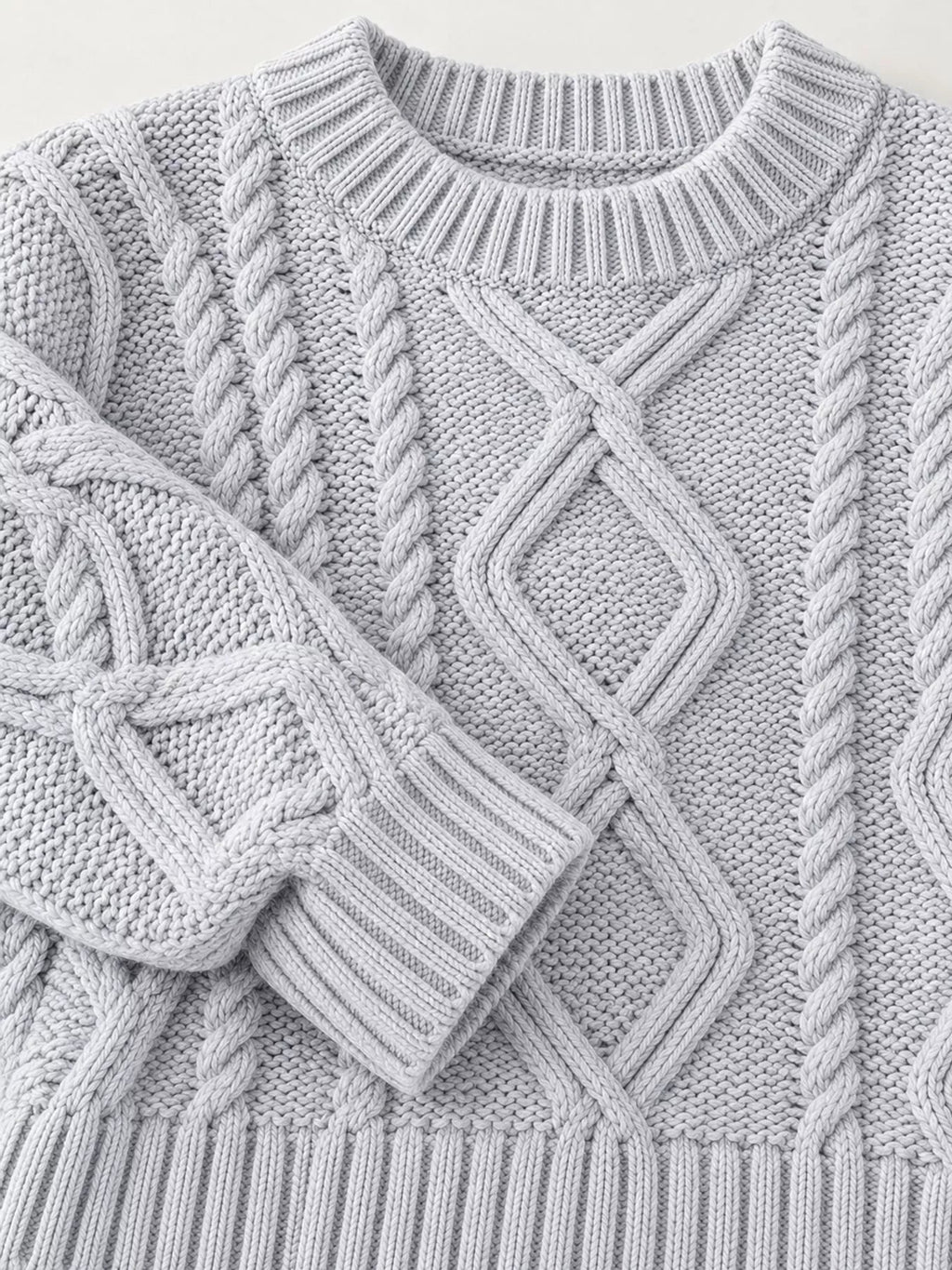 Full Size Cable-Knit Round Neck Sweater Plus Size - Dressed.
