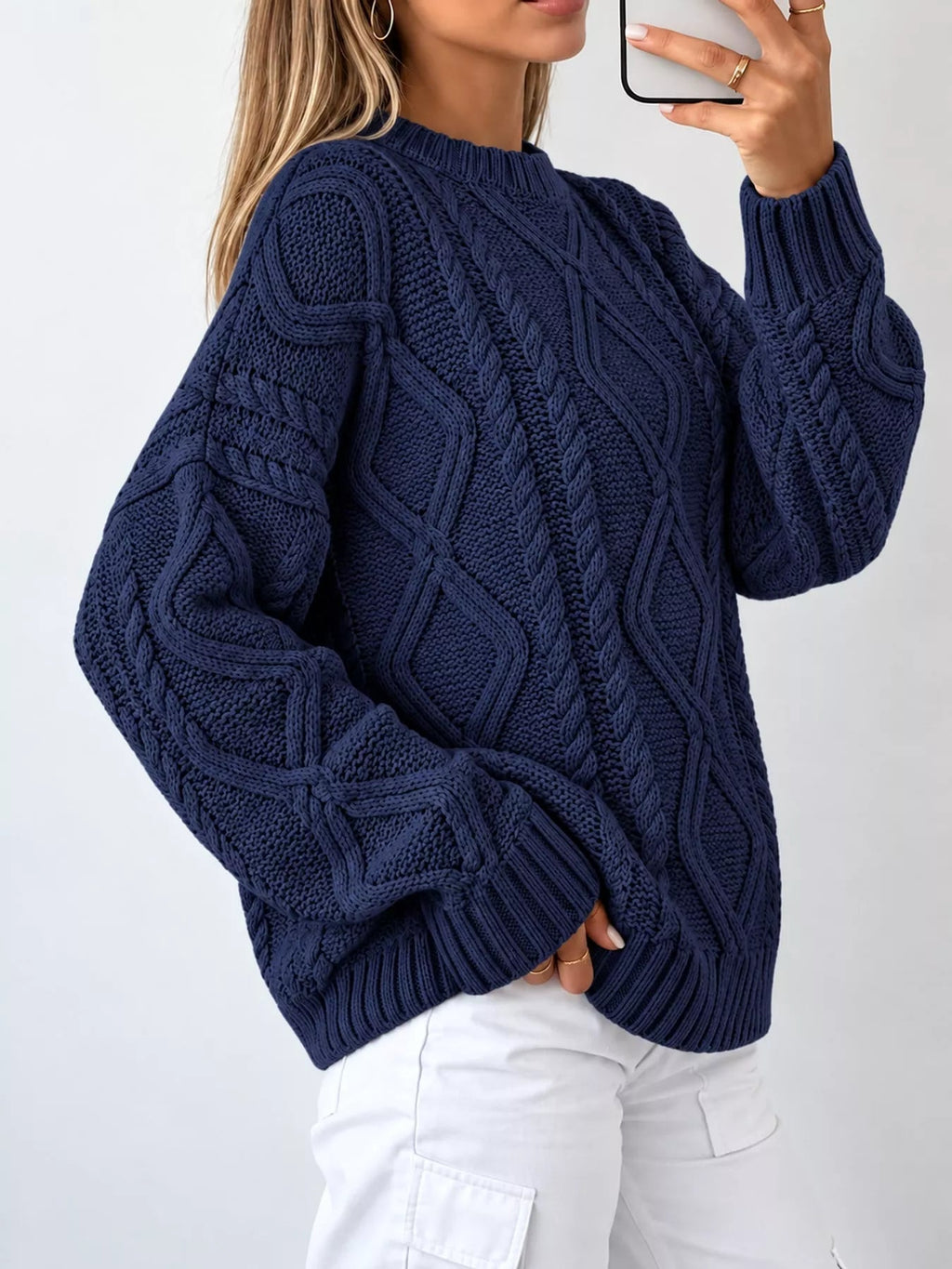 Full Size Cable-Knit Round Neck Sweater Plus Size - Dressed.