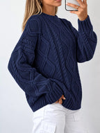 Full Size Cable-Knit Round Neck Sweater Plus Size - Dressed.