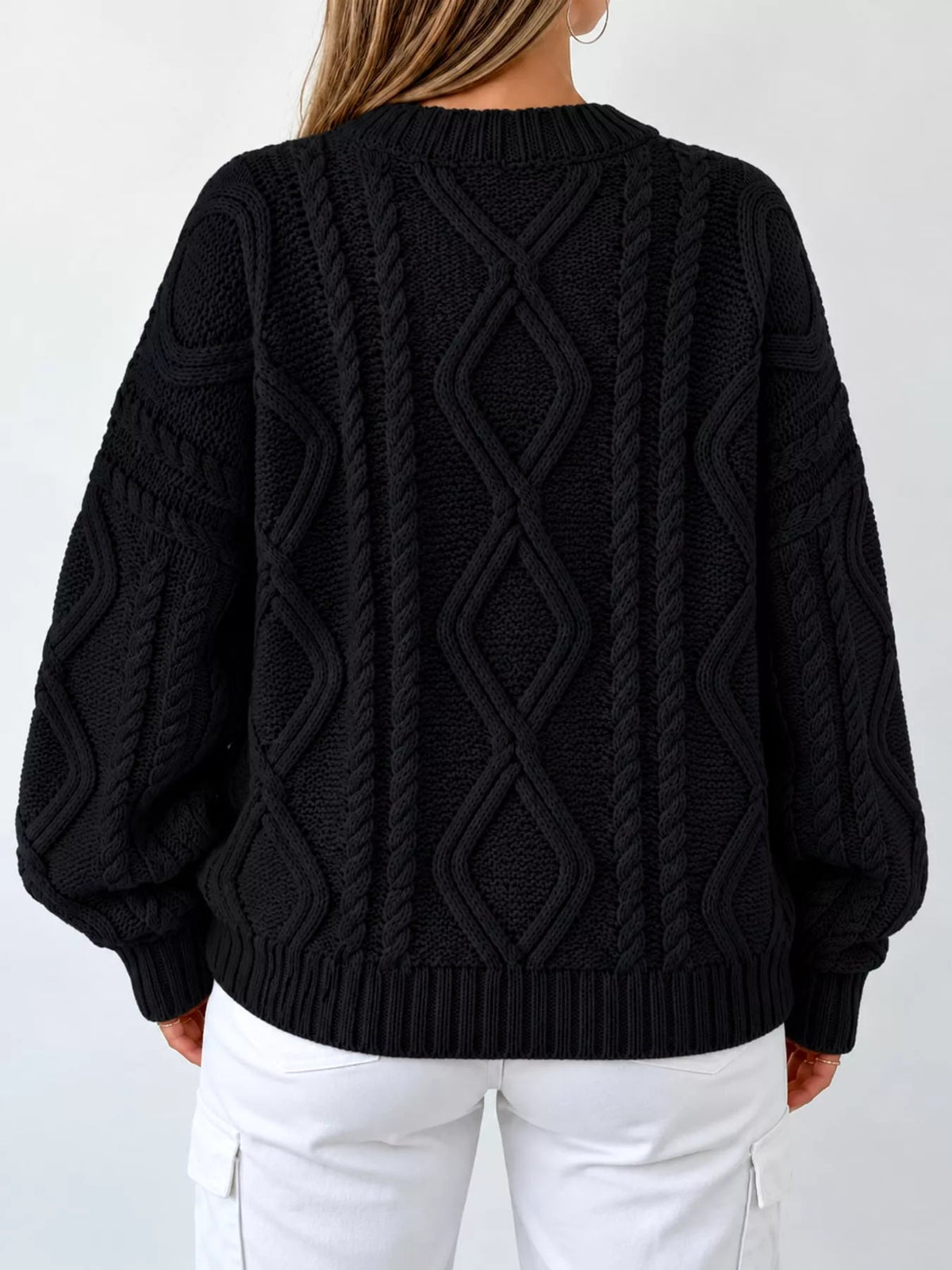 Full Size Cable-Knit Round Neck Sweater Plus Size - Dressed.