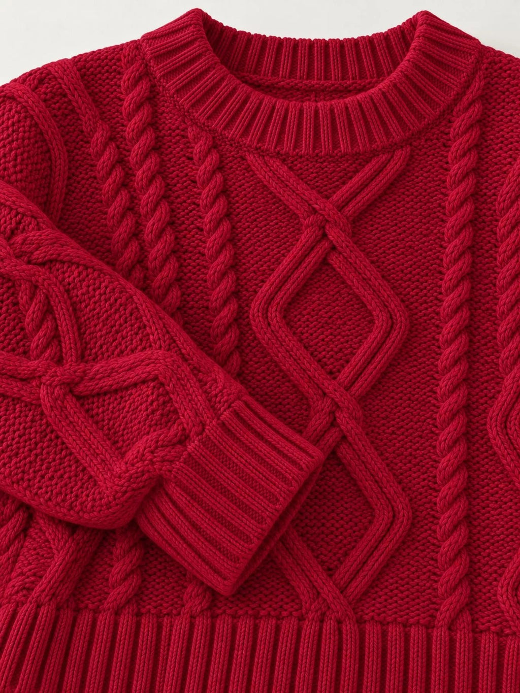Full Size Cable-Knit Round Neck Sweater Plus Size - Dressed.