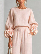 Full Size Floral Cuffs Top and Wide Leg Pants Set Plus Size - Dressed.