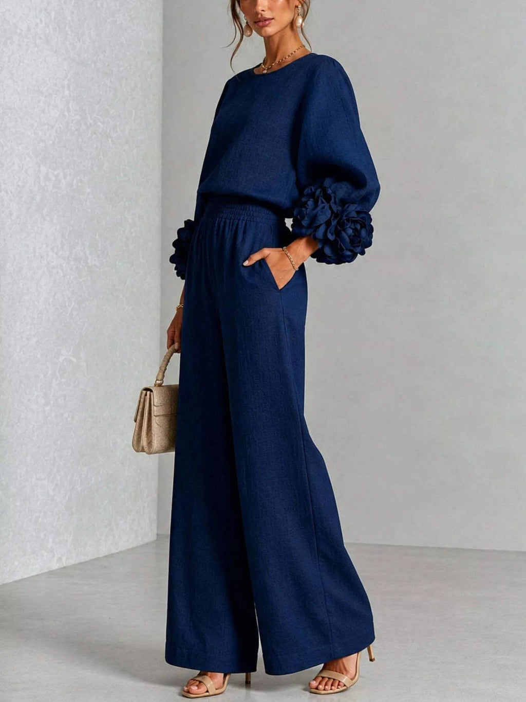 Full Size Floral Cuffs Top and Wide Leg Pants Set Plus Size - Dressed.
