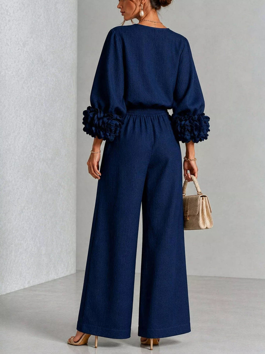 Full Size Floral Cuffs Top and Wide Leg Pants Set Plus Size - Dressed.
