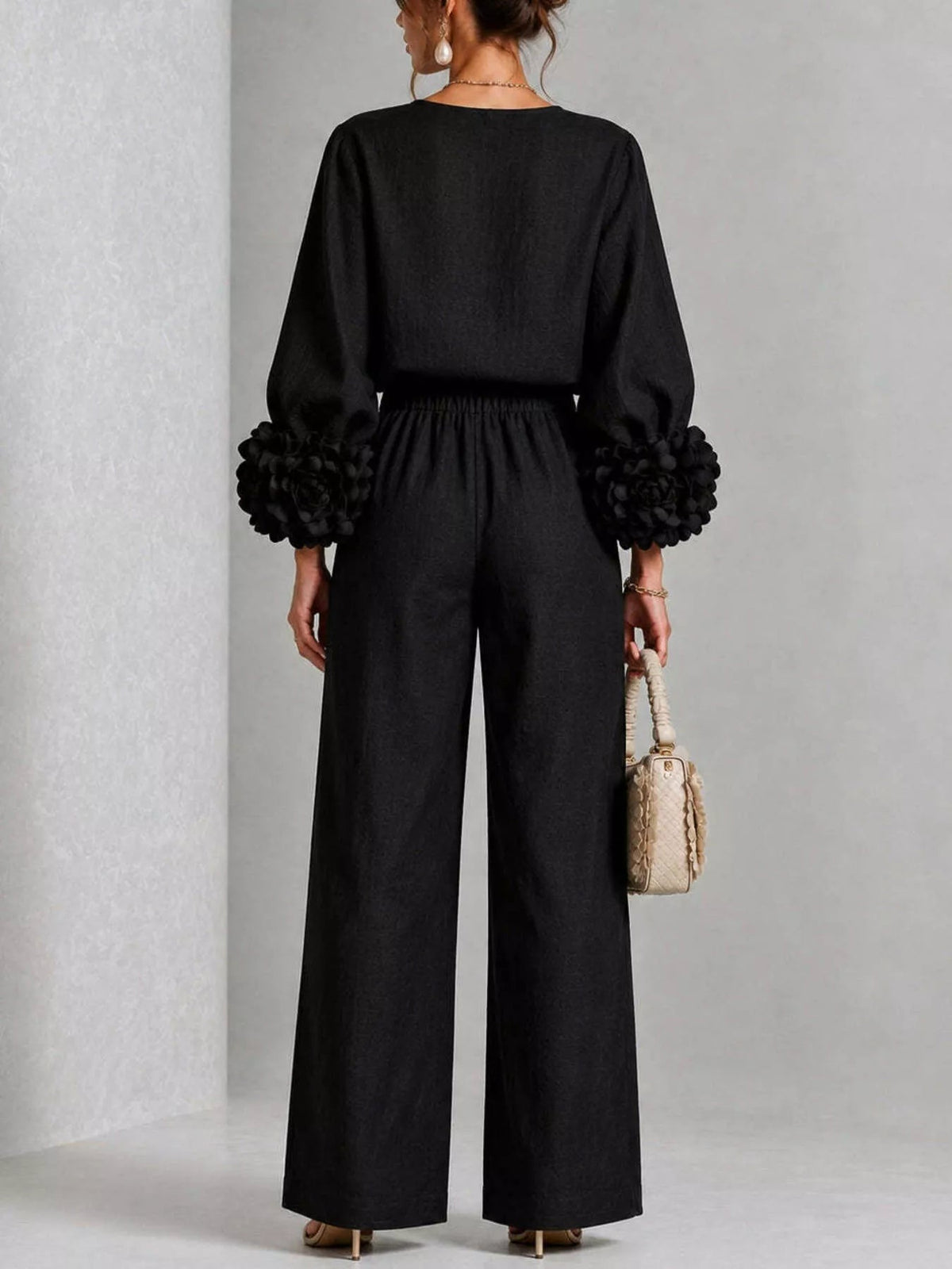 Full Size Floral Cuffs Top and Wide Leg Pants Set Plus Size - Dressed.