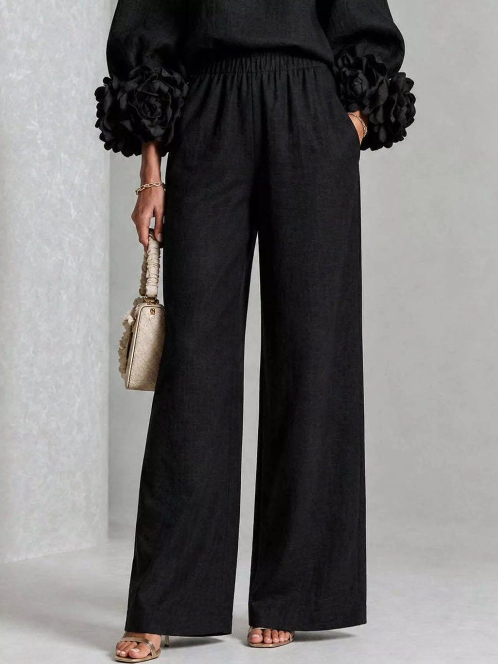Full Size Floral Cuffs Top and Wide Leg Pants Set Plus Size - Dressed.