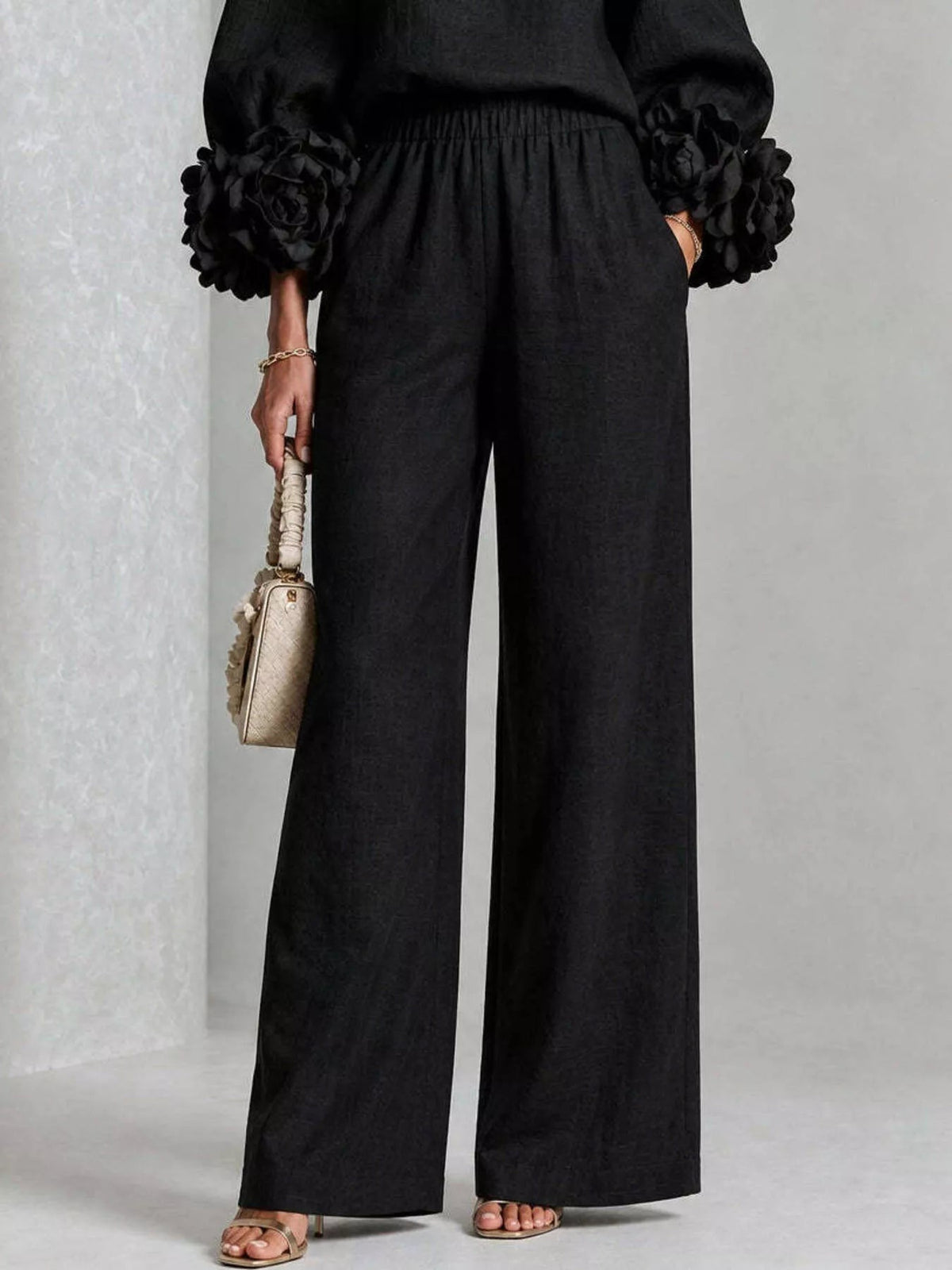 Full Size Floral Cuffs Top and Wide Leg Pants Set Plus Size - Dressed.