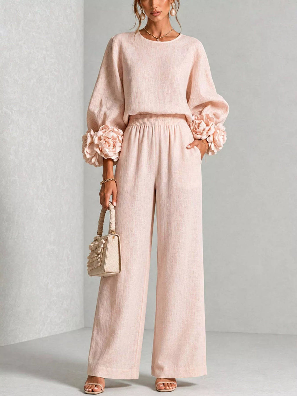 Full Size Floral Cuffs Top and Wide Leg Pants Set Plus Size - Dressed.