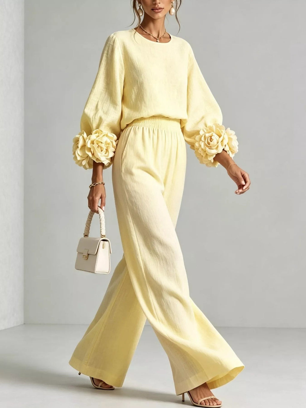 Full Size Floral Cuffs Top and Wide Leg Pants Set Plus Size - Dressed.