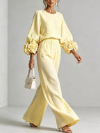 Full Size Floral Cuffs Top and Wide Leg Pants Set Plus Size - Dressed.