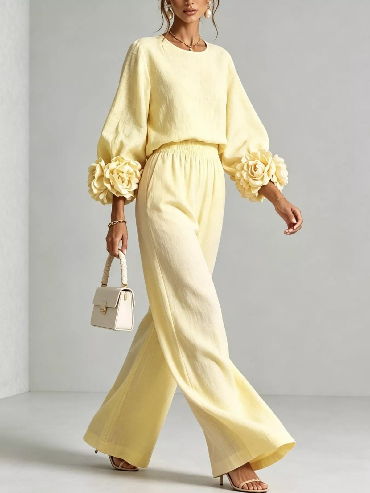 Full Size Floral Cuffs Top and Wide Leg Pants Set Plus Size - Dressed.