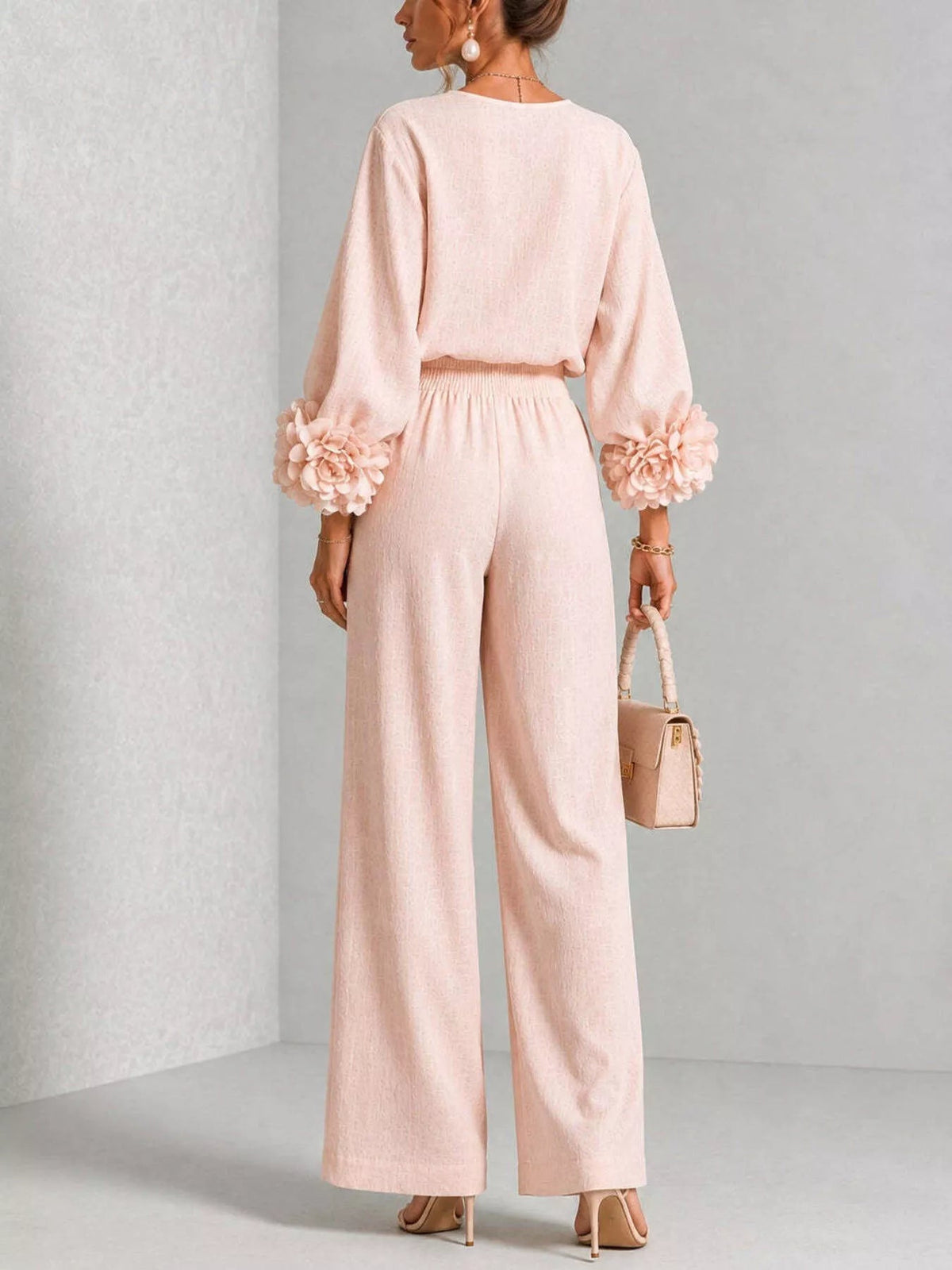 Full Size Floral Cuffs Top and Wide Leg Pants Set Plus Size - Dressed.