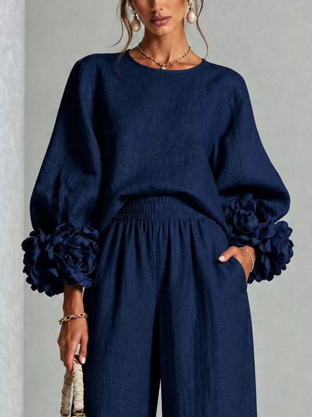 Full Size Floral Cuffs Top and Wide Leg Pants Set Plus Size - Dressed.