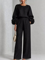 Full Size Floral Cuffs Top and Wide Leg Pants Set Plus Size - Dressed.