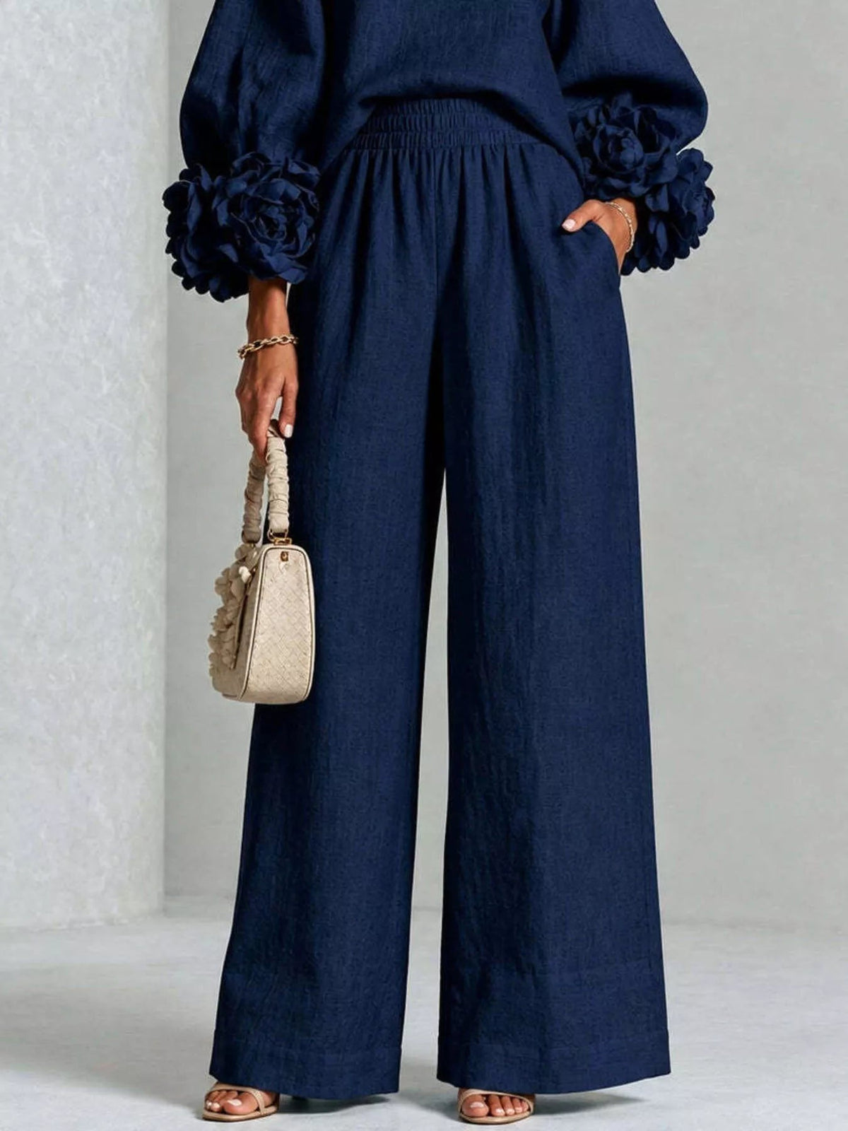Full Size Floral Cuffs Top and Wide Leg Pants Set Plus Size - Dressed.