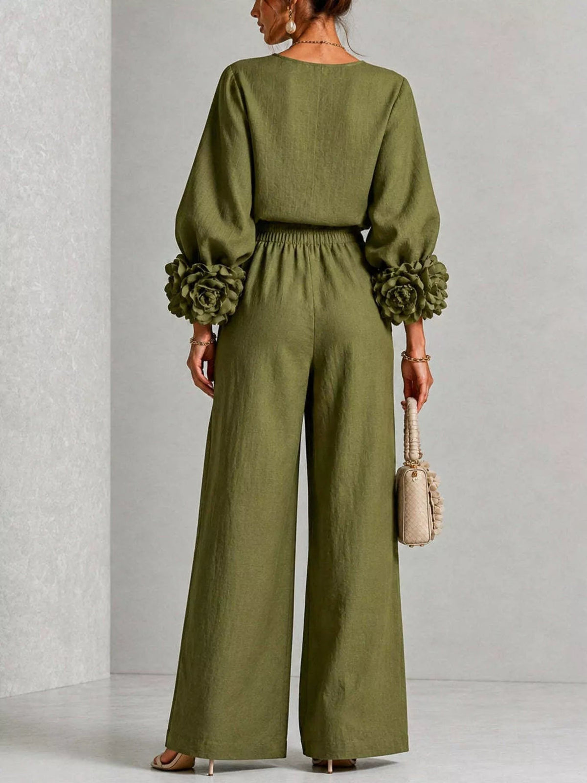 Full Size Floral Cuffs Top and Wide Leg Pants Set Plus Size - Dressed.