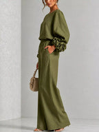Full Size Floral Cuffs Top and Wide Leg Pants Set Plus Size - Dressed.