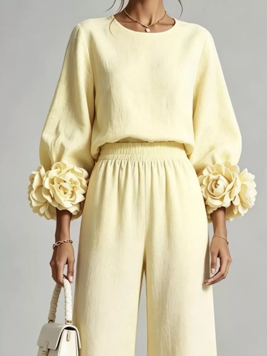 Full Size Floral Cuffs Top and Wide Leg Pants Set Plus Size - Dressed.