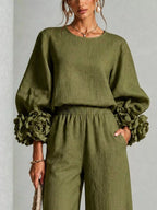Full Size Floral Cuffs Top and Wide Leg Pants Set Plus Size - Dressed.