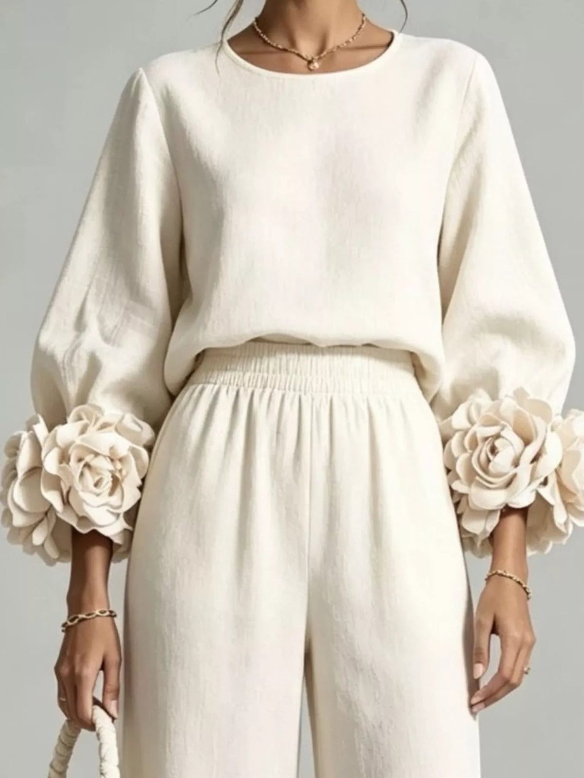 Full Size Floral Cuffs Top and Wide Leg Pants Set Plus Size - Dressed.