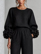 Full Size Floral Cuffs Top and Wide Leg Pants Set Plus Size - Dressed.