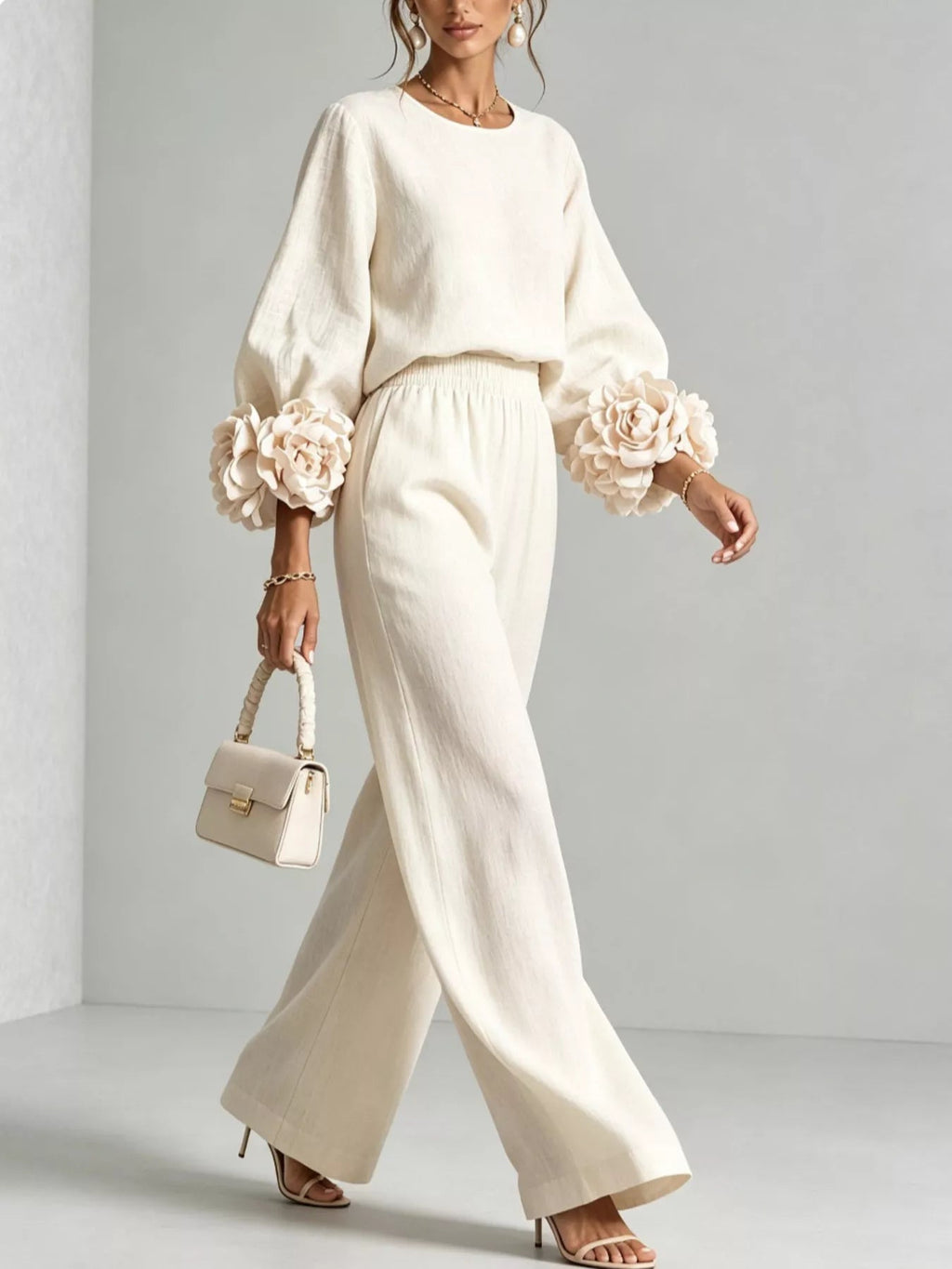 Full Size Floral Cuffs Top and Wide Leg Pants Set Plus Size - Dressed.