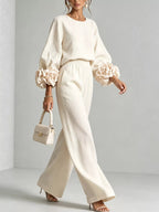 Full Size Floral Cuffs Top and Wide Leg Pants Set Plus Size - Dressed.