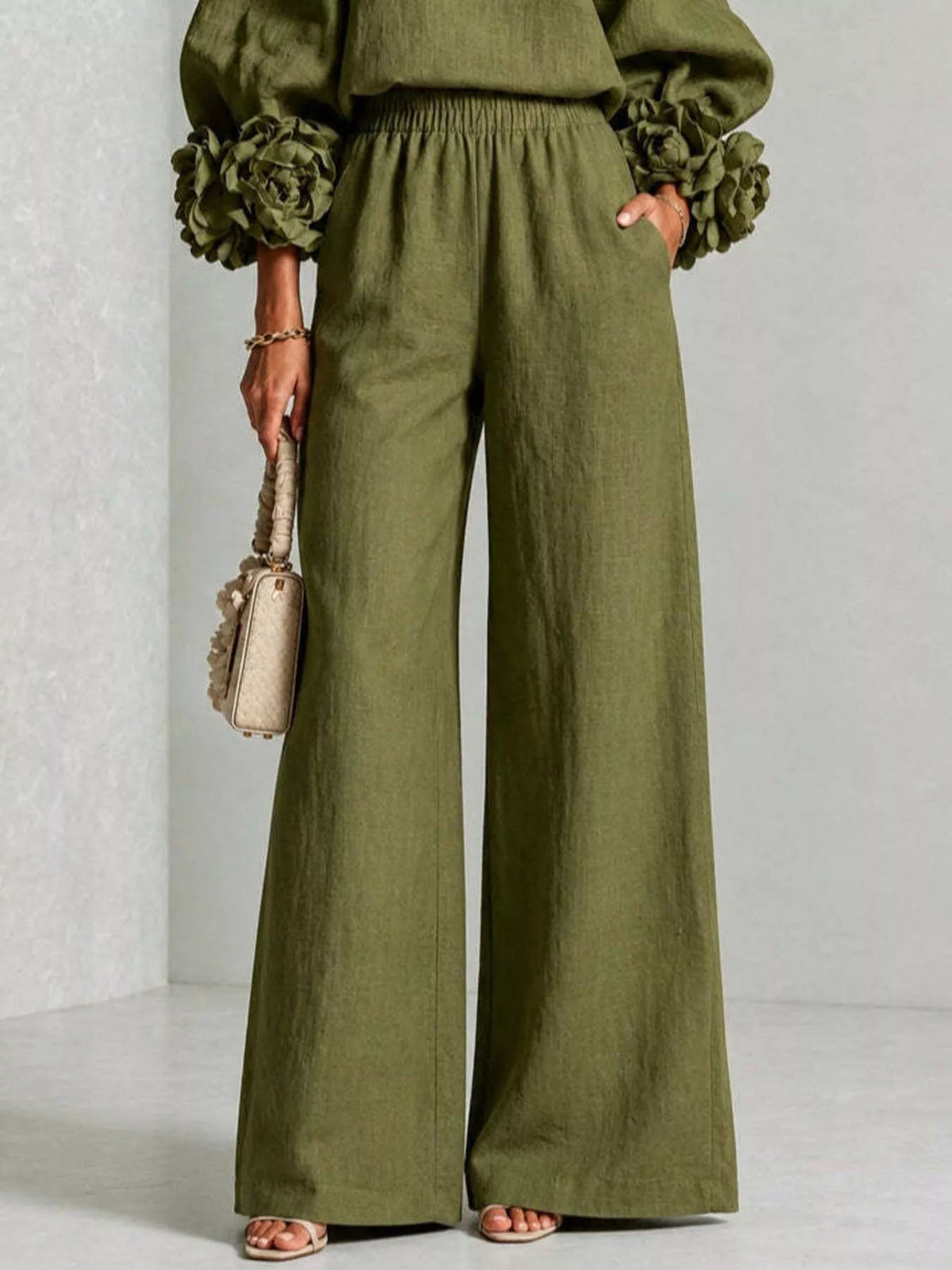 Full Size Floral Cuffs Top and Wide Leg Pants Set Plus Size - Dressed.