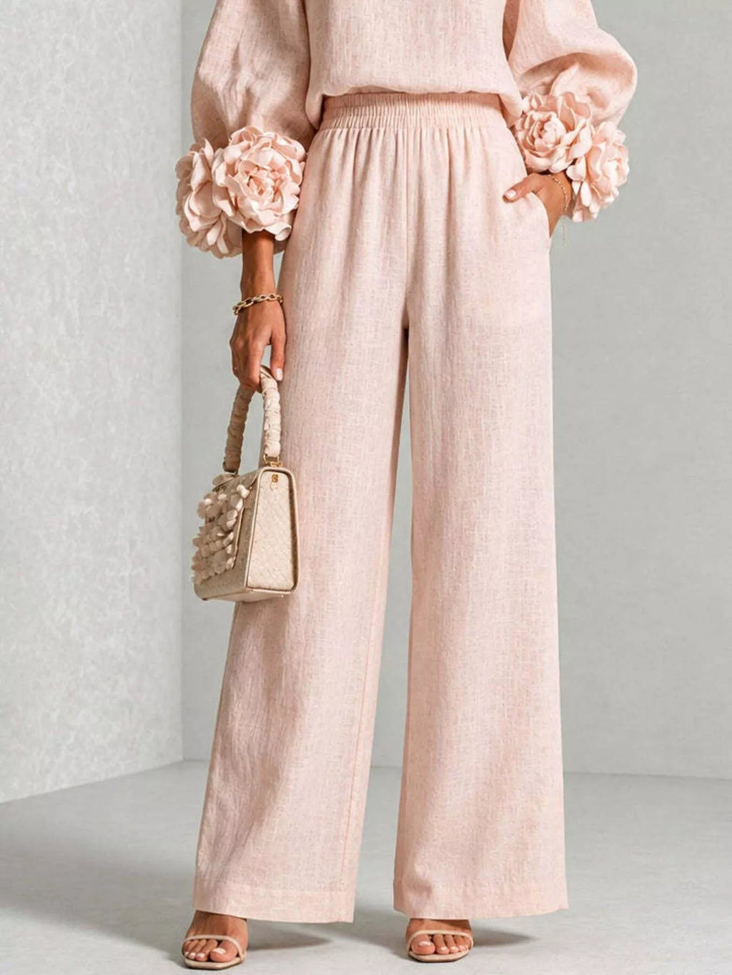 Full Size Floral Cuffs Top and Wide Leg Pants Set Plus Size - Dressed.