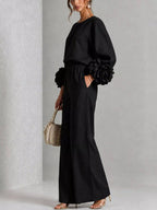 Full Size Floral Cuffs Top and Wide Leg Pants Set Plus Size - Dressed.