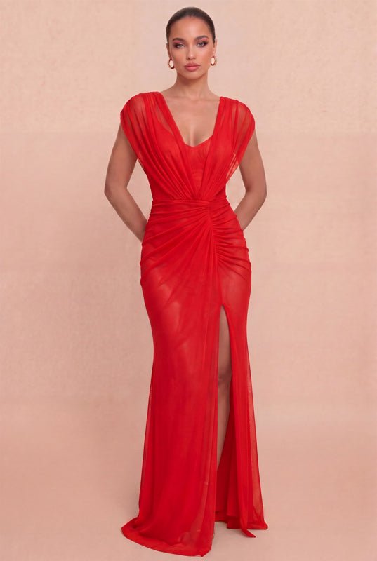 Gathered Detail Drape Gown — Red | Luxxel - Dressed.