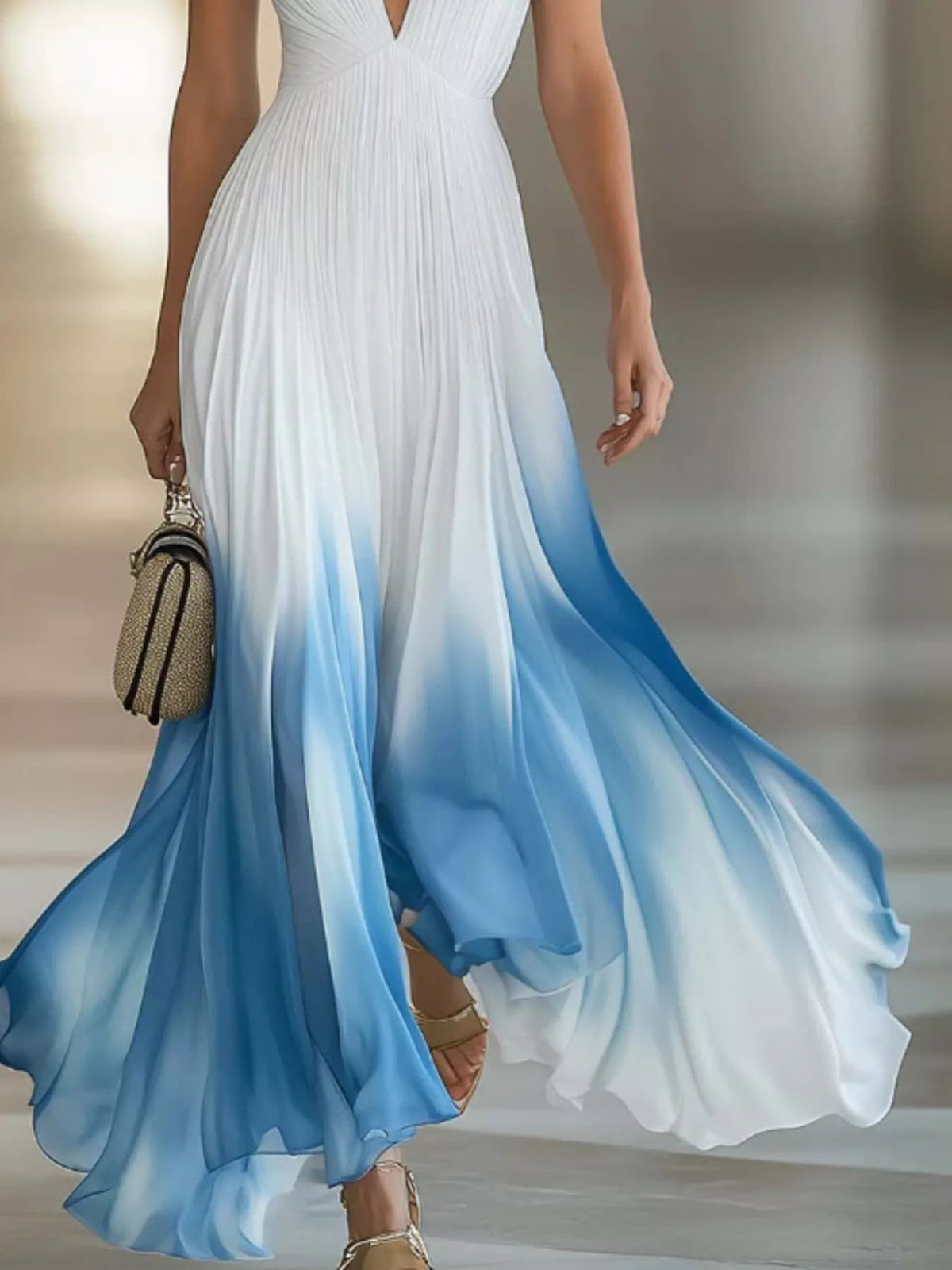 Gradient Deep V-Neck Maxi Dress — White • Inclusive Sizing | Trendsi - Dressed.