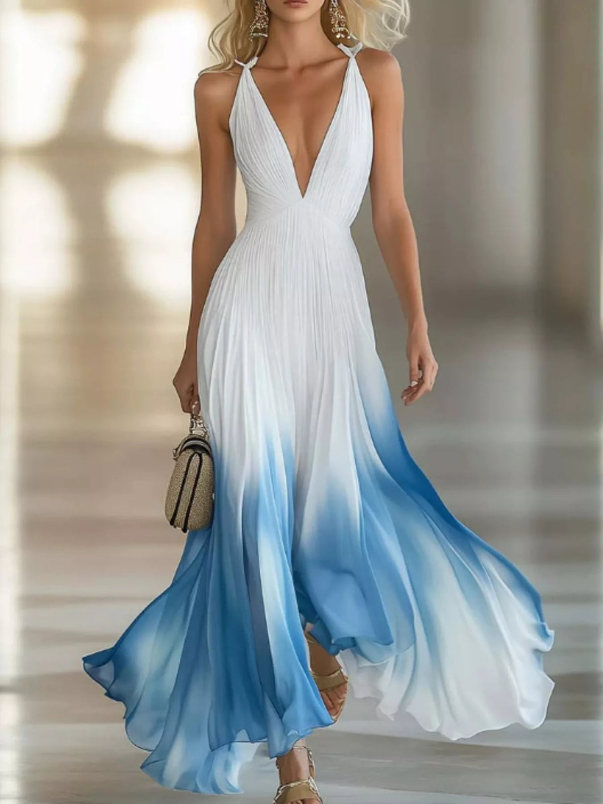 Gradient Deep V-Neck Maxi Dress — White • Inclusive Sizing | Trendsi - Dressed.