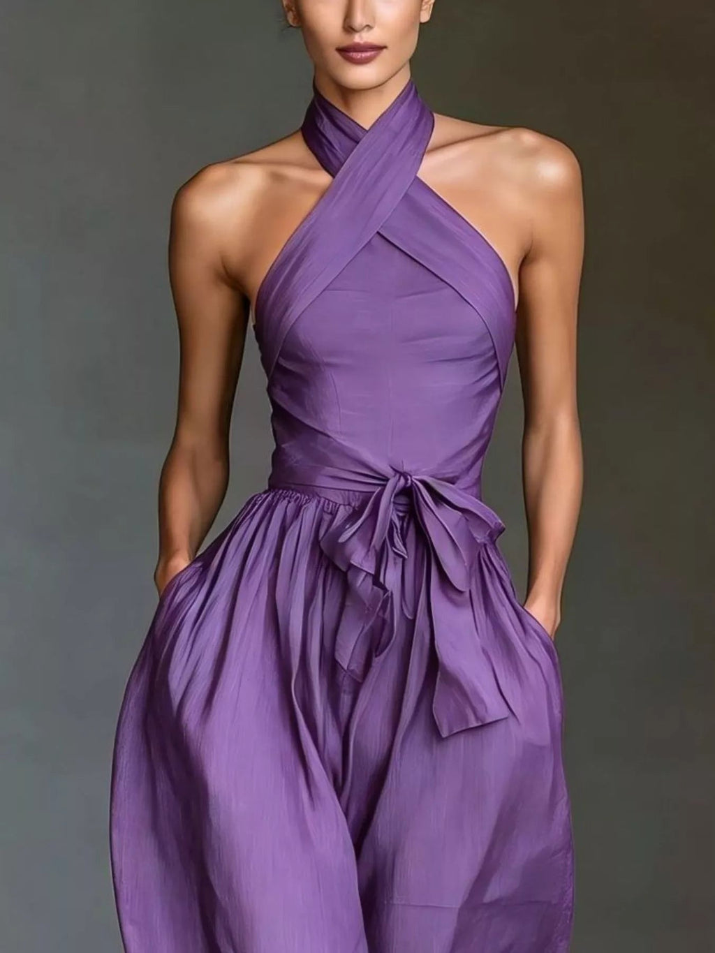 Halter Neck Wide-Leg Jumpsuit with Waist-Tie Detail - Dressed.
