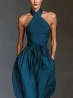 Halter Neck Wide-Leg Jumpsuit with Waist-Tie Detail - Dressed.